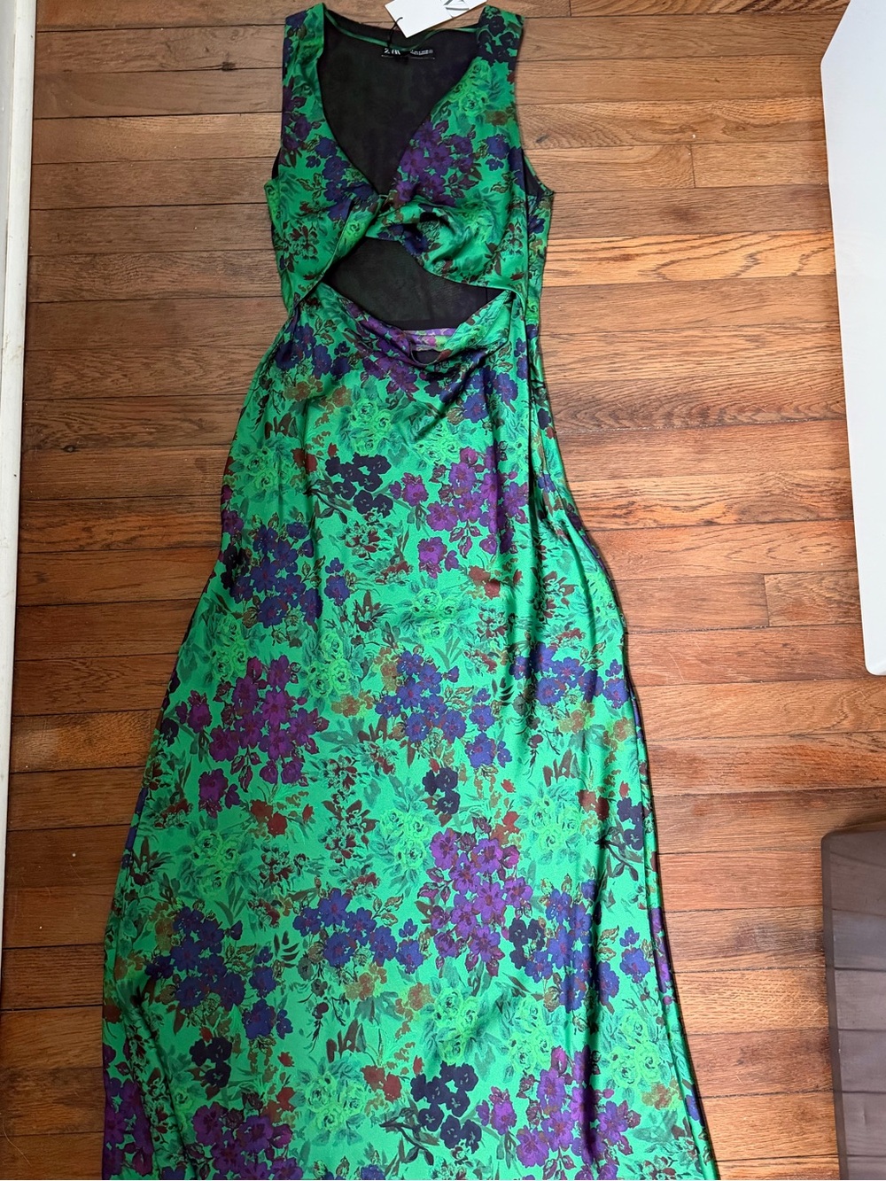 Zara Green and Purple Floral Twist Cutout Maxi Dress